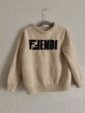Fendi Kids Beige Logo Wool Crewneck Sweater